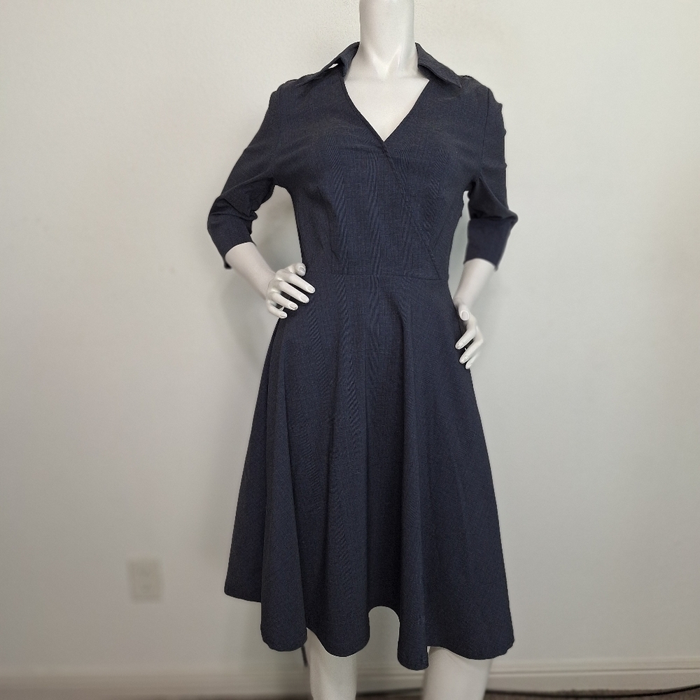 Musol “NEW” Blue Gray Preppy 3/4 Sleeves Pin Up Retro Pleated Midi Dress Size M